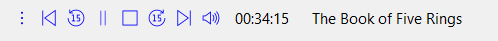 Audiobook player controls with chapter selector, skip to start of chapter, play, pause, skip +/- 30 seconds, name of title